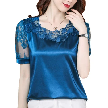 M-4XL Корейская шелковая атласная рубашка в стиле пэчворк, Газовая кружевная блузка, Летние женские топы с коротким рукавом и цветочным принтом