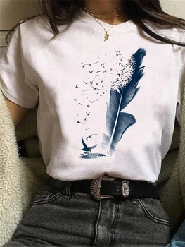 Женские Топы, Новая летняя футболка, женская футболка, яркая одежда с принтом перьев, милая женская мода с бабочкой и круглым вырезом из мультфильма