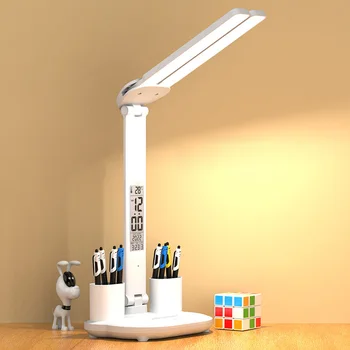 Настольная лампа USB Dimmable Touch Складная настольная светодиодная с календарем, температурными часами, Ночник для учебы, чтения 