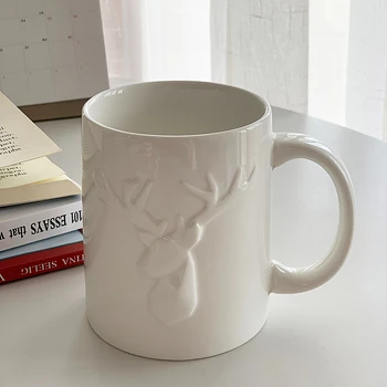 Скандинавские минималистичные керамические чашки с тиснением в виде лося, чистые белые керамические чашки, кружки для завтрака, домашние изысканные чашки, маленькие чашки для свежего кофе.